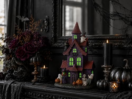 Halloween Village Figurine Set - Haunted House Decor with Purple Lights