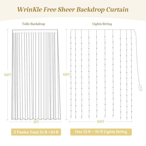 Black Sheer Backdrop Curtains with String Lights for Parties & Photos 10x15ft - 2 Panels