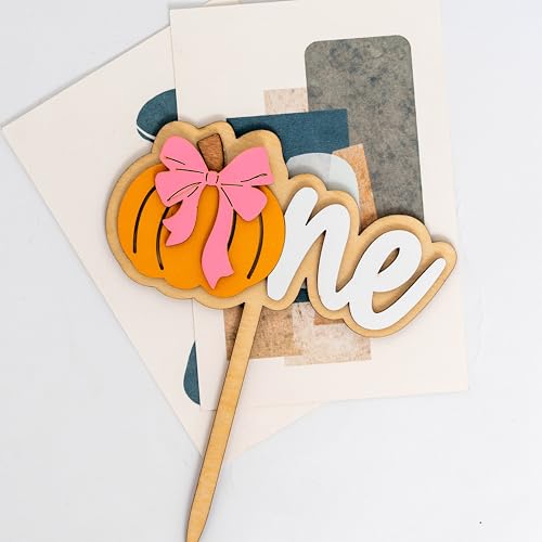 Wooden Pumpkin Cake Topper with Pink Bow - Fall Halloween Thanksgiving Decor - Yellow Variation