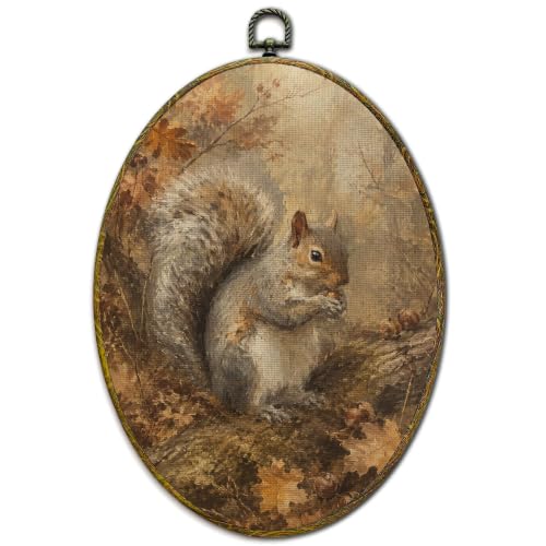 Fall Forest Squirrel Canvas Wall Art - Oval Framed Decor 11x8.5 Inch - Variation: Squirrel