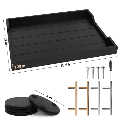 Large Black Wooden Serving Tray with Handles - Rustic Home Decor