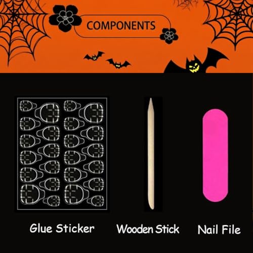 Halloween Press On Nails Spider Web Ghost Fake Nails Long Square Pink French Tip Style-1