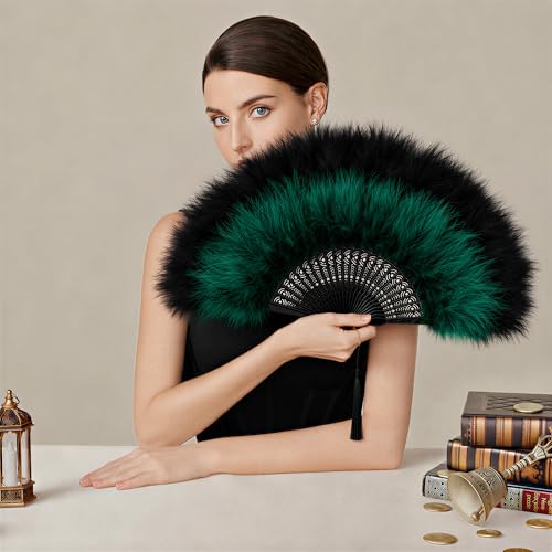 1920s Marabou Feather Folding Hand Fan - Black Green Vintage Flapper Accessory