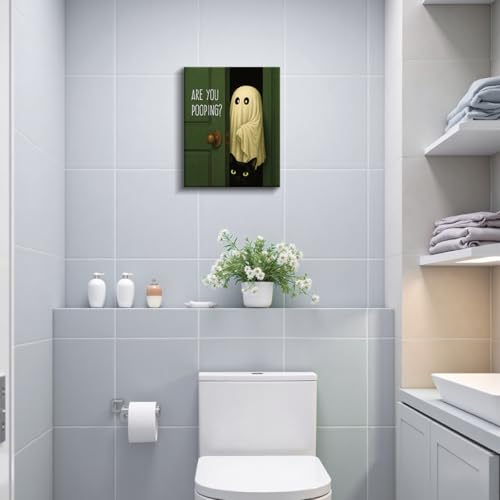 Funny Ghost Cat Bathroom Wall Art Canvas Print - Framed Halloween Decor - Color A