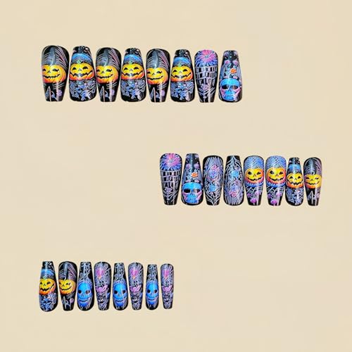 Halloween Fake Nails Set - Coffin Shape Full Cover Press On Nails with Pumpkin Skull Design - Medium Length - Variation 2
