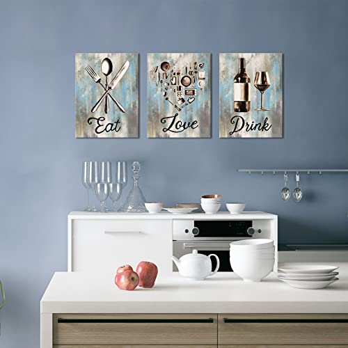 Kitchen Wall Art Canvas Prints Set - Vintage Utensils Eat Love Drink Sign 12x16 Inch Trio