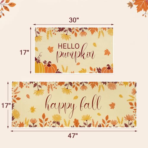 WERNNSAI Fall Kitchen Rugs Set of 2 - Brown Non-Slip Pumpkin Mat for Floor