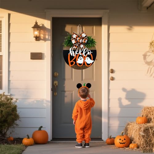 Halloween Wreaths for Front Door Cute Ghost Sign Decoration - Hello Boo Variation