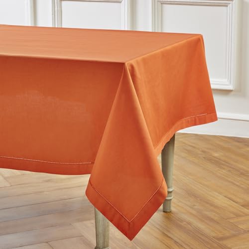 Cotton Linen Tablecloth Burnt Orange Hemstitch 58 x 104 Inches - Handcrafted