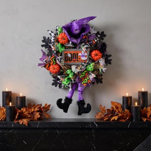 Halloween Wreath for Front Door - 20 Inch Whimsical Mesh Decor with Witch Accents