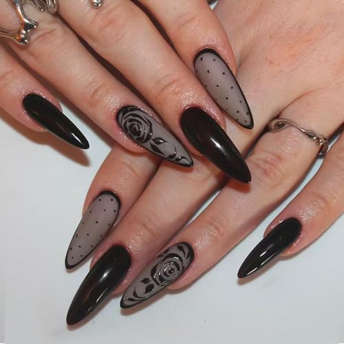 Press On Nails Long Black Embossed Flower Design - Variation Black 01, 24 Pcs