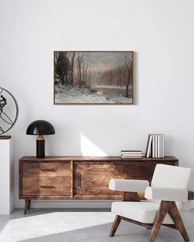 Vintage Framed Canvas Wall Art - Winter Stream Landscape, 30x20 Inch