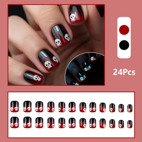 Halloween Short Square Fake Nails with Skull Glow in the Dark Design - Variation Hall04 (24Pcs)