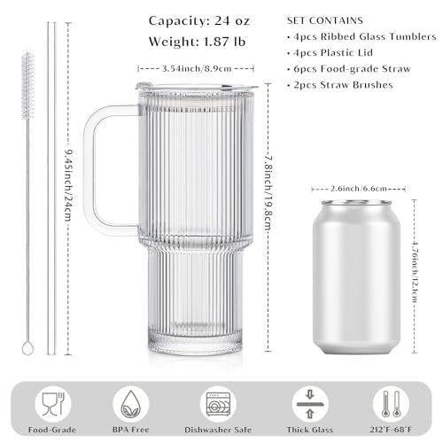 24 oz Ribbed Glass Tumbler with Handle - 4 Pack, Spill-Resistant, Durable Iced Coffee Cups