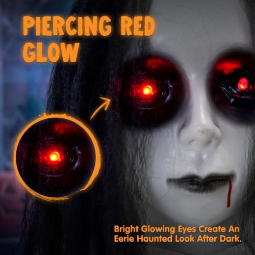 Halloween Hanging Ghost Girl Decoration with Sound & Lights - Black Hair Swinging Girl