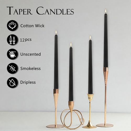 Black Taper Candles - Unscented, Dripless, 8-Hour Burn Time, 12 Pack