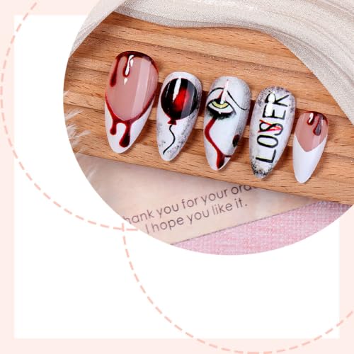 Red White French Tip Press-On Nails Halloween Fake Nails Medium Almond Reusable Set