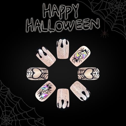 Halloween Press On Nails Set - Medium Square Reusable Fake Nails with Rhinestones Spider Web Glitter - Style D9