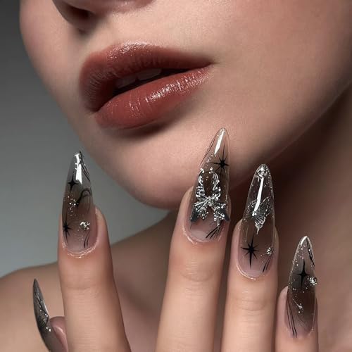 Press On Nails Black Butterfly with Silver 3D Butterfly Design - Dark Bow Variation