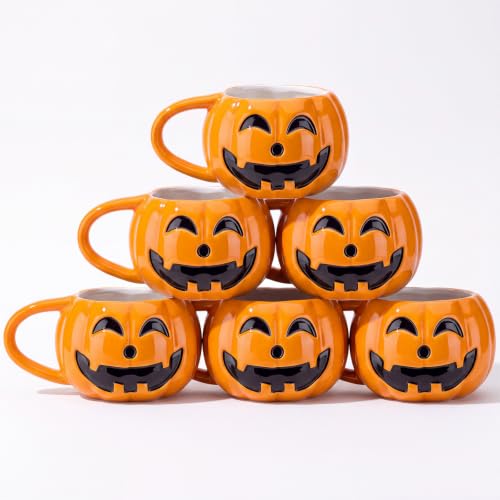 Halloween Pumpkin Coffee Mugs Set of 6 - Orange Ceramic Cups for Hot Drinks