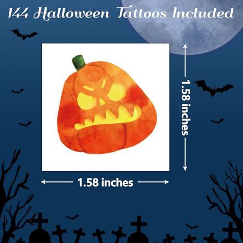 Halloween Temporary Tattoos for Kids - 144 Pack with 72 Unique Designs