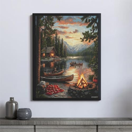 Sunset Lake Cabin Canvas Wall Art for Living Room & Bedroom - 12x16 Inch Unframed