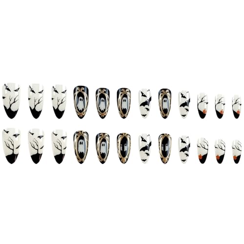 Halloween Press On Nails - Medium Almond Black Fake Nails with Gold Glitter & Ghost Design - Variation W11