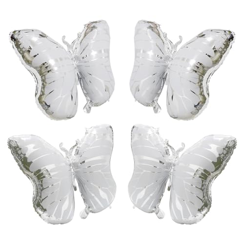 Silver Butterfly Balloons - 4 Pack Helium Foil Decorations for Wedding Birthday Baby Shower