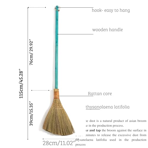 Vietnamese Straw Soft Broom with Green Wooden Handle - Traditional Decorative Sweeper - 45.28 Inch Length - Variation: Green