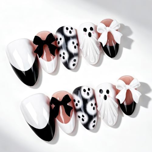 Halloween Ghost Nails - 30Pcs Medium French Tip Fake Nails with 3D Bow - Variation of THIS listing