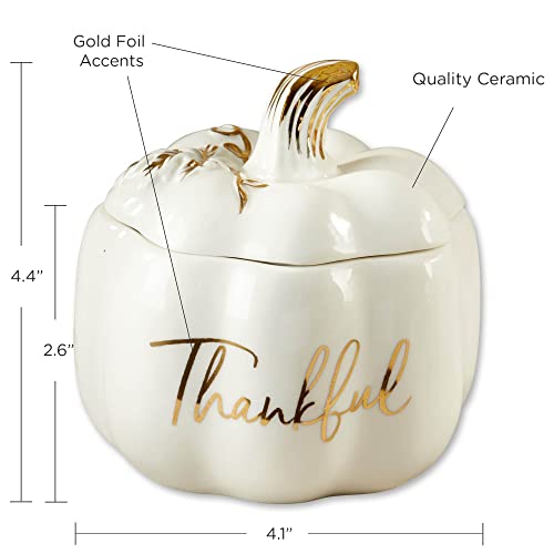 White Ceramic Pumpkin Bowl with Lid - Fall Thanksgiving Decor & Candy Dish