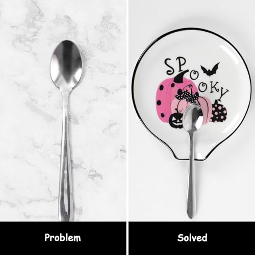 Pink Pumpkin and Moon Halloween Ceramic Spoon Rest Set - Cat & Pumpkin Design