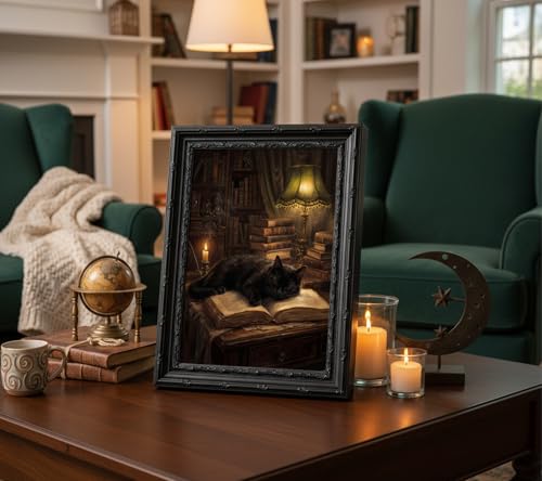 Dark Academia Cat Wall Art - Framed Vintage Gothic Canvas Print, 16x12in - Moody Black Cat Sleeping on Book