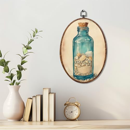Bottle Shell Ocean Coastal Wall Art - Rustic Oval Canvas Decor, 8.3x12in - Variation of THIS listing