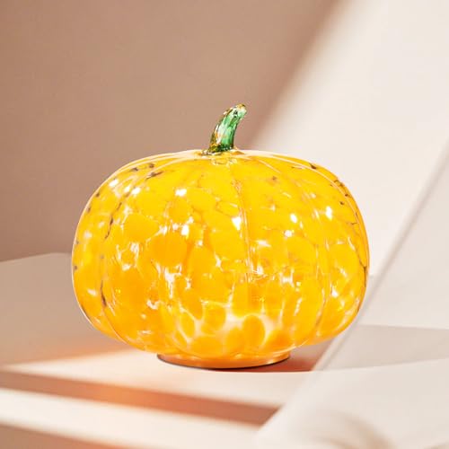 Glass Handcrafted Pumpkin with LED Lights - Fall Halloween Thanksgiving Decor, 5.9 Inch, Green Leaf Orange Variation