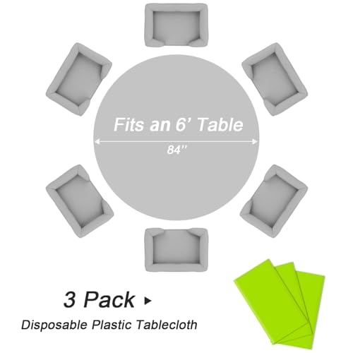 3 Pack Lime Green Round Disposable Plastic Tablecloth - 84 Inch for Parties & Events