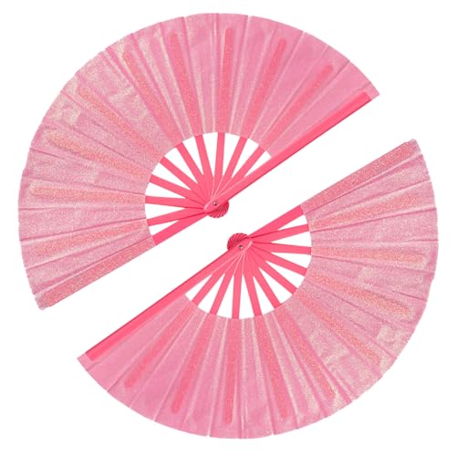 Large Folding Hand Fan Pink Glitter Party Festival Rave Concert Halloween - Light Pink