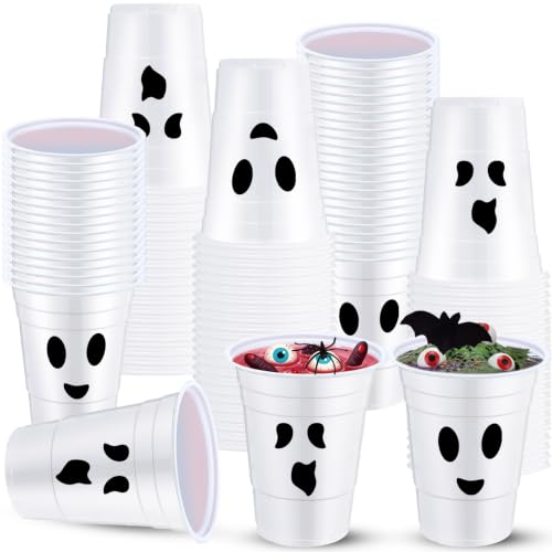 Halloween Ghost Face Plastic Cups 16oz Disposable Party Drinkware - 60 Pcs Variation of Ghost Face