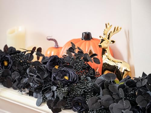 Black Halloween Garland with 10 Roses Berries & Eucalyptus Leaves - 6ft, Variation: Black