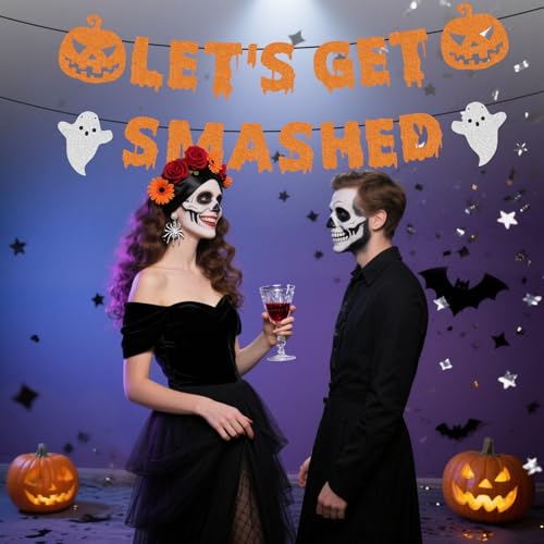 Halloween Banner Let's Get Smashed - Glitter Orange Pre-Strung Party Decoration with Ghost & Pumpkin, Scary Theme, Easy Setup