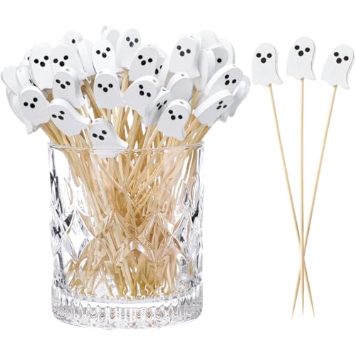 Halloween Ghost Cocktail Picks - 100 Bamboo Food Skewers for Party