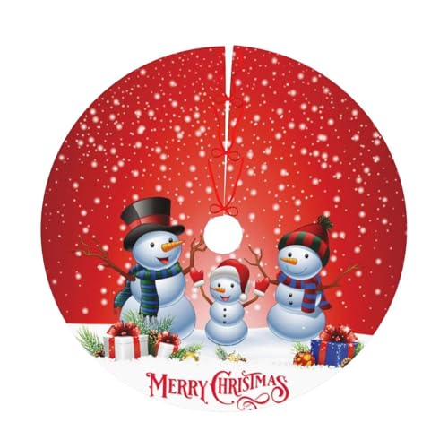 36in Snowman Family Christmas Tree Skirt - Red Background, Holiday Decor
