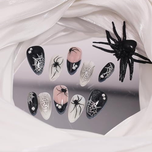 Halloween Press On Nails Short Almond Spider Web Fake Nails Set - Pattern 06