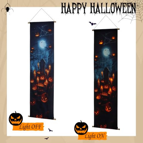 Halloween LED Canvas Backdrop - Graveyard Scene with Pumpkin & Pumpkin in Front of the Tombstone Variation
