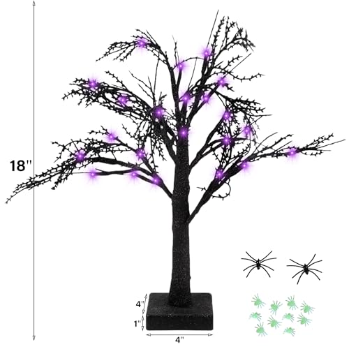 Halloween Indoor Tree with Purple Lights and Spiders - Creepy Decor