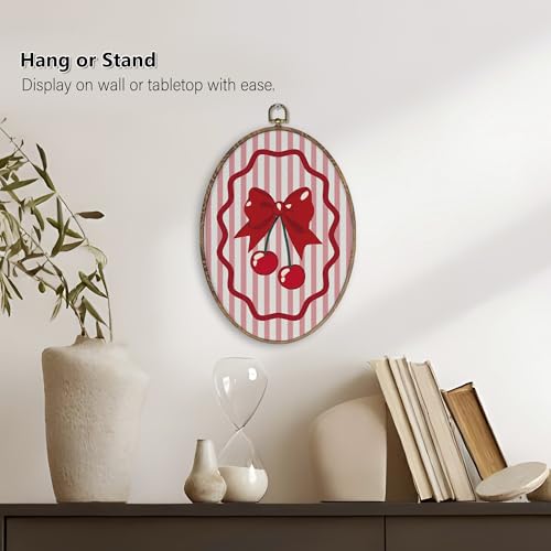 Preppy Red Cherry Bow Wall Art Decor - Oval Canvas, 11.4 x 8.6 inches