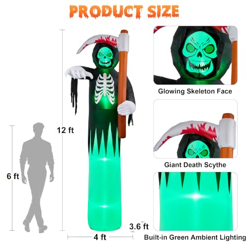 12FT Giant Halloween Inflatable Grim Reaper Yard Decor with LED Lights
