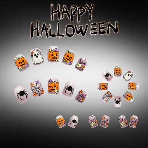 Halloween Press-On Nails Short Square with Ghost Spider Web Glitter - Light Purple 24 Pack