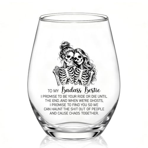 Funny Halloween Skeleton Stemless Wine Glass 15 oz - Bestie Gift, Clear Variation