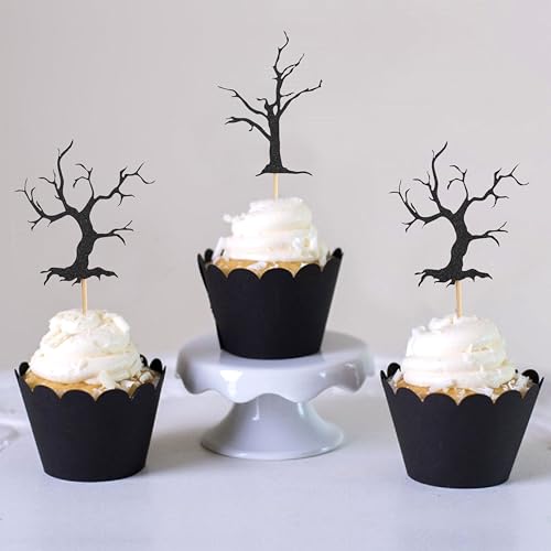 Halloween Cupcake Topper Haunted Forest Spooky Tree Glitter Decor